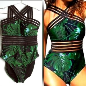 Hilor Swimsuit One Piece Stripe Mesh Crossover M/8-10 Green Leaf